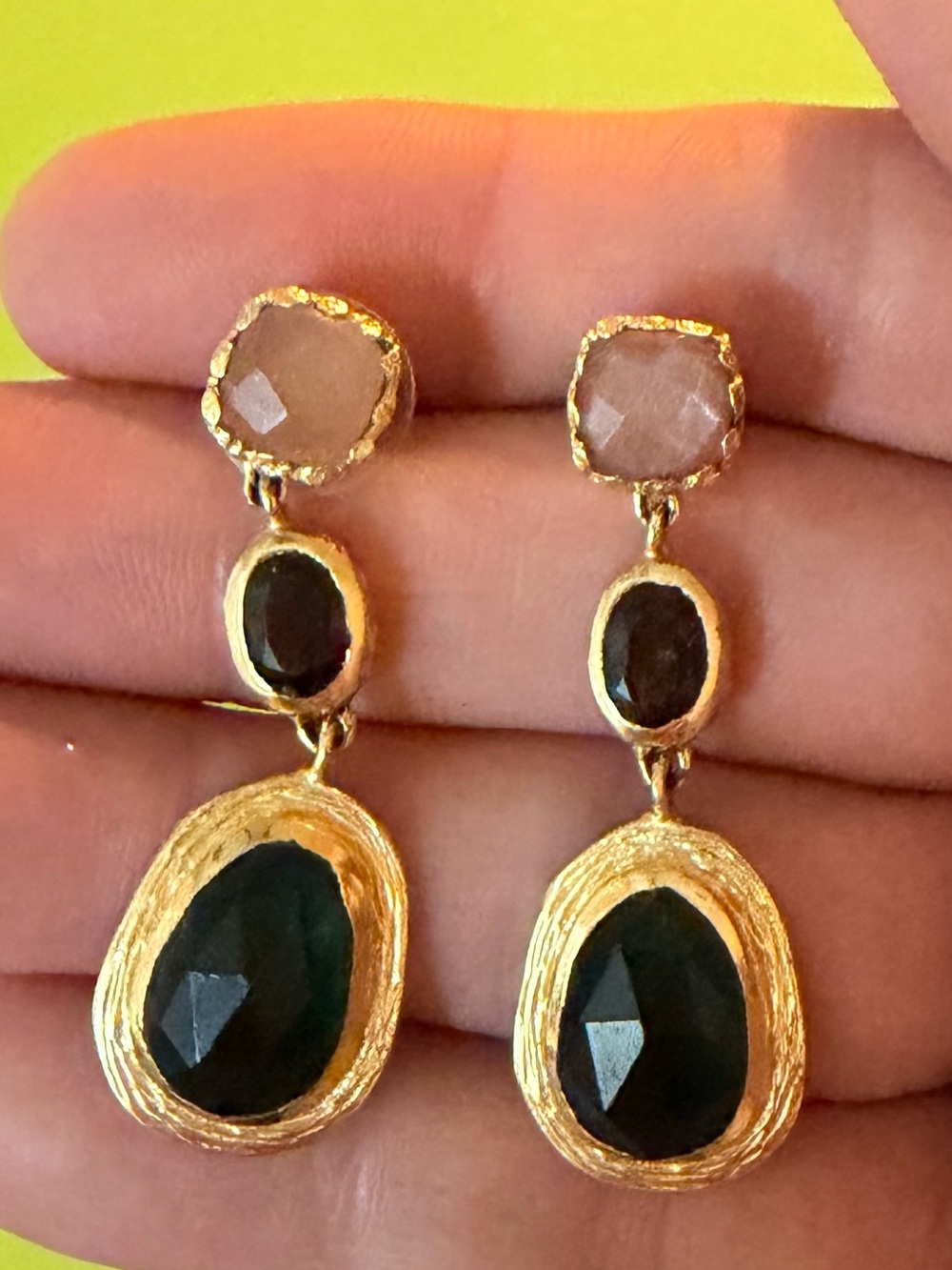 Gold Plated Rose Quartz, Calcedony Drop Earrings - Women Jewelry